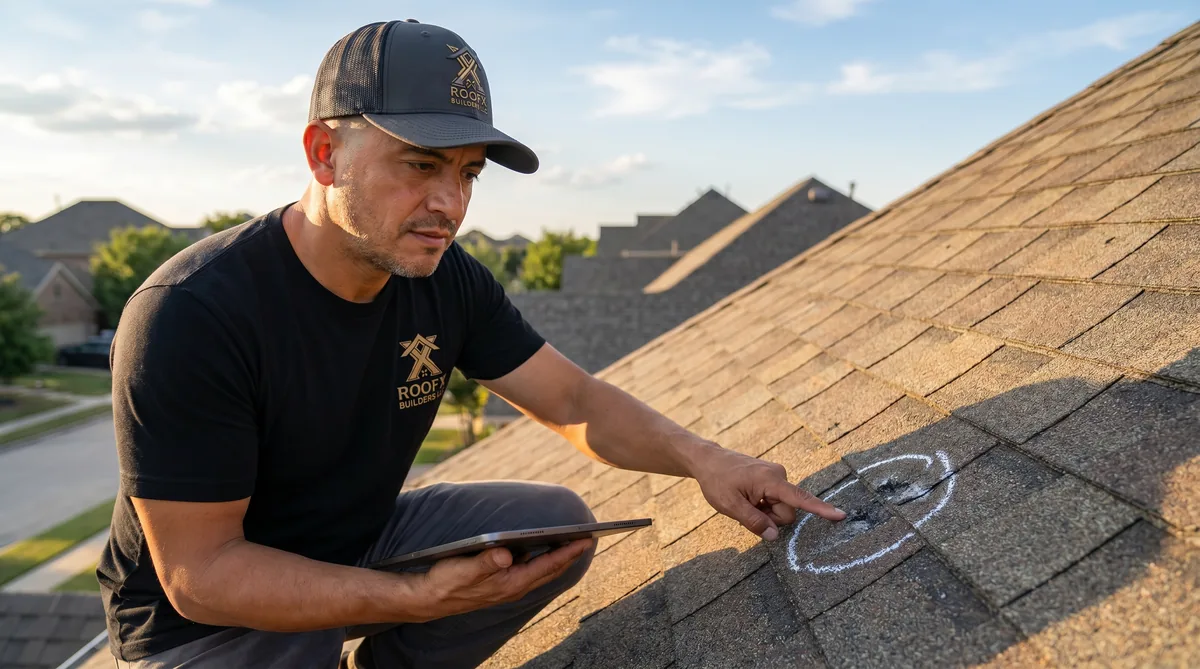 Eder inspecting hail-damaged shingles on a Texas roof