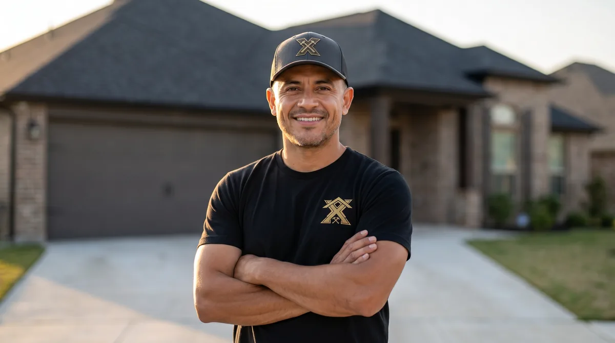 Eder standing in front of a freshly installed roof in DFW
