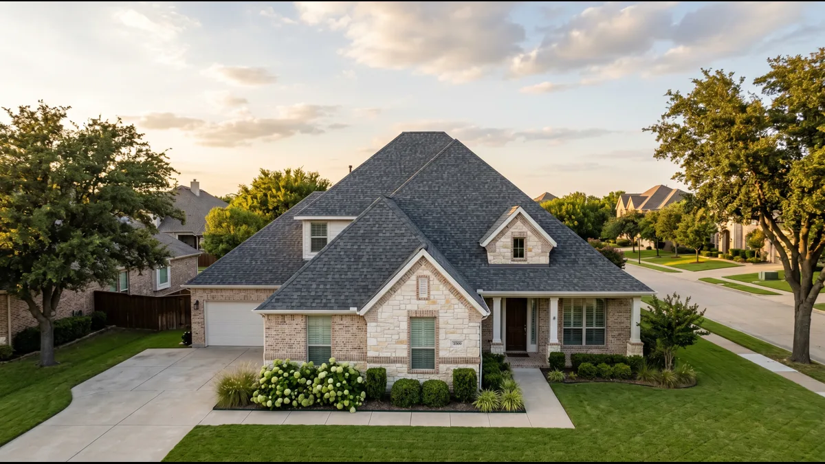 Freshly installed roof on a North Texas home at golden hour